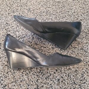 Franco Sarto Frankie Black Leather Pointed Toe Wedge Pumps
